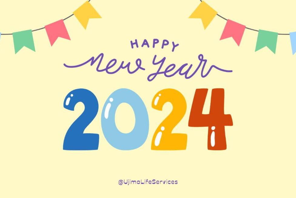Happy New Year 2024 graphic - guide for new year wellness and mental healthyear wellness and mental health