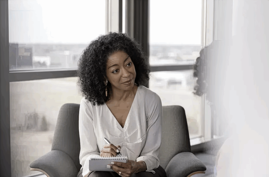 Woman in supportive therapy environment - counseling for racial trauma and healing